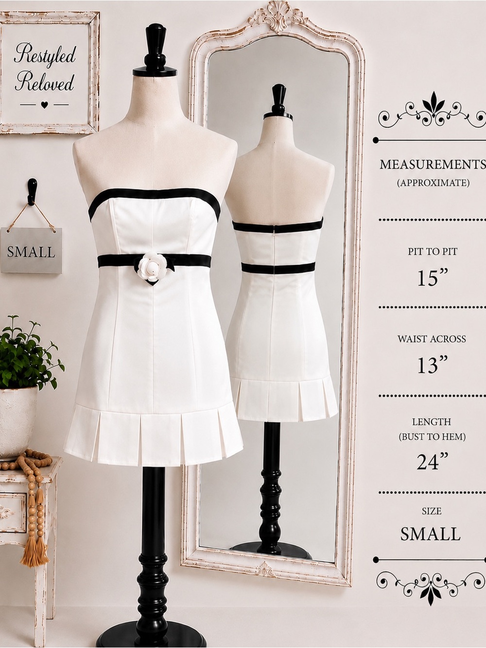 Finesse Roma White Strapless Mini Dress with Black Trim & Rosette Sz. Small NWOT